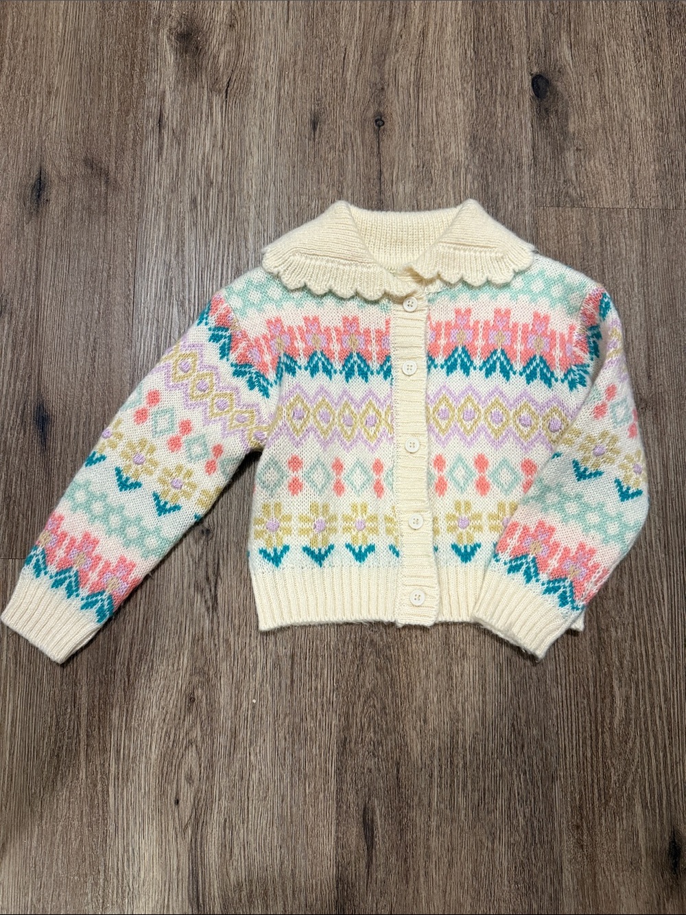 Girls' Cream Fair Isle Knit Cardigan with Scalloped Collar